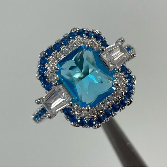 Statement Ring Radiant Cut Halo Bright Blue Sapphire CZ Silver Plated Ring
